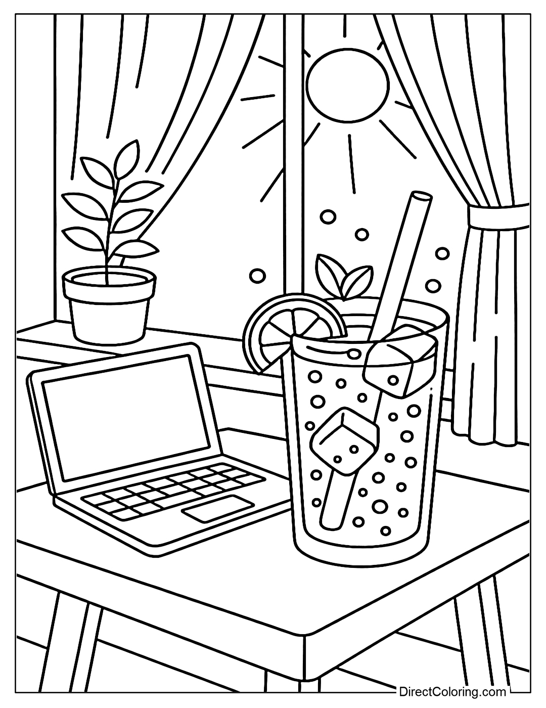 Summer cafe corner coloring page with soda, laptop, small tree and sunlight through the curtains.